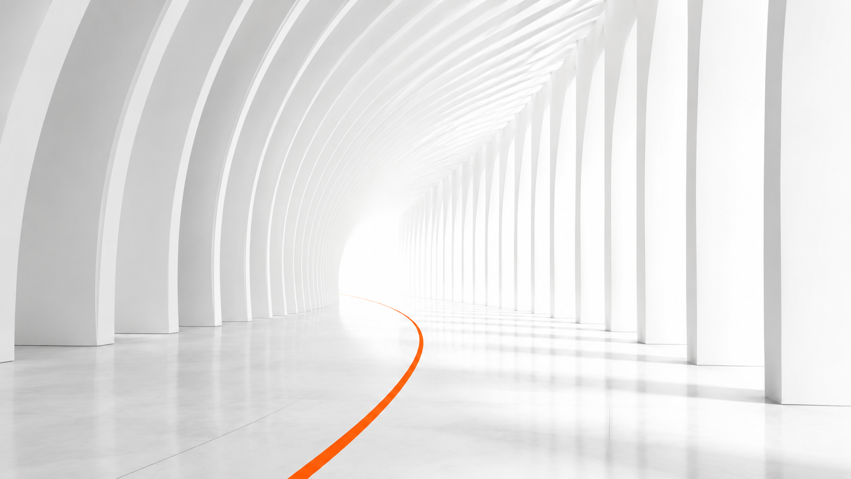 Ambiente arquitetônico minimalista com uma linha laranja guiando o caminho